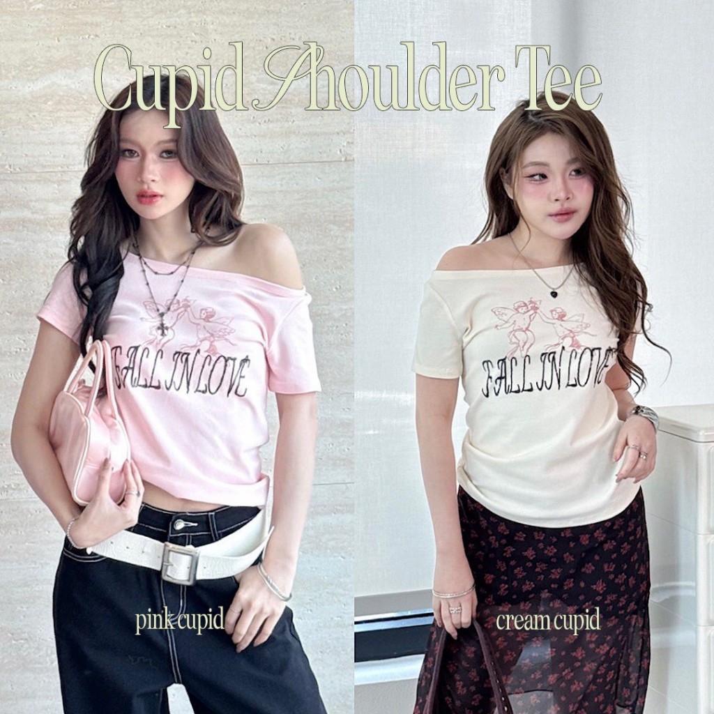 Choosedress A2031 Cupid Shoulder Tee เสื้อยืดคอกว้าง เสื้อปาดไหล่ สกรีนลายคิวปิก ดีเทลปักตัวอักษร