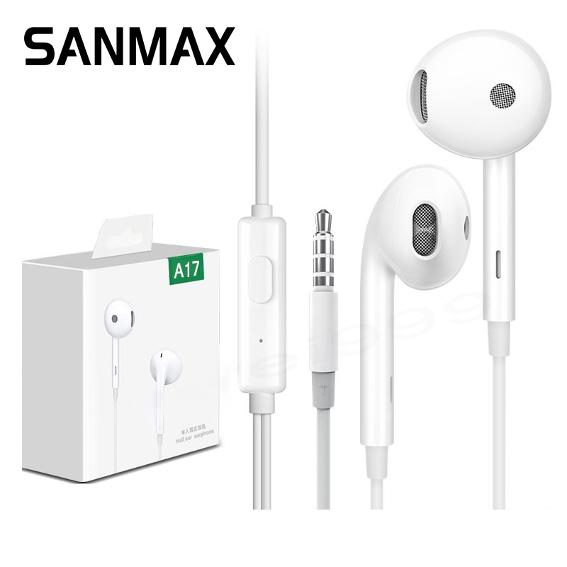 sanmax หูฟัง a17 r113.5mmคุณภาพสูง เสียงดี (รับประกัน 1 ปี)ใส่ได้กับทุกยี่ห้อ  มีไมโครโฟน เบสหนัก oppo reno ios Android