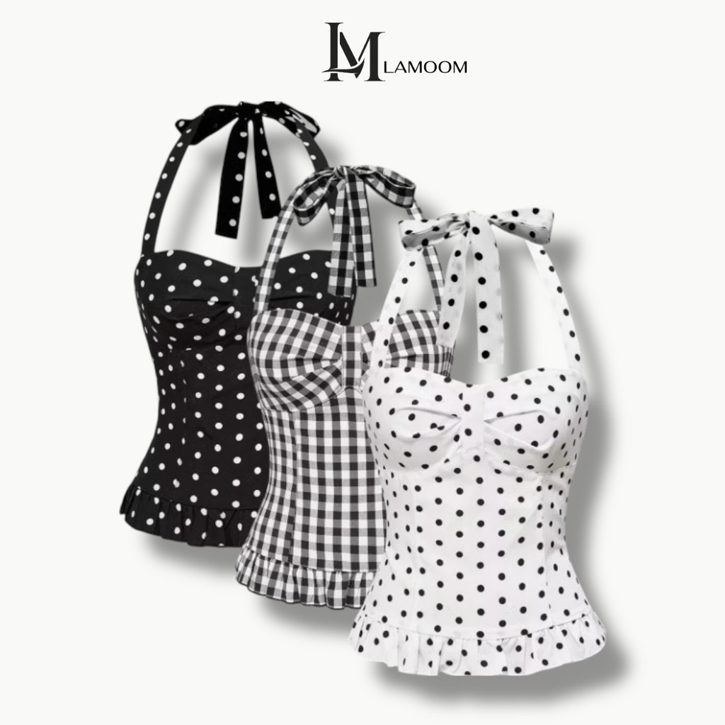 Lamoon【พร้อมส่ง】เสื้อฮอลเตอร์ผูกคอ ลายจุด/ลายตาราง ลุควินเทจสุดเก๋ #30572