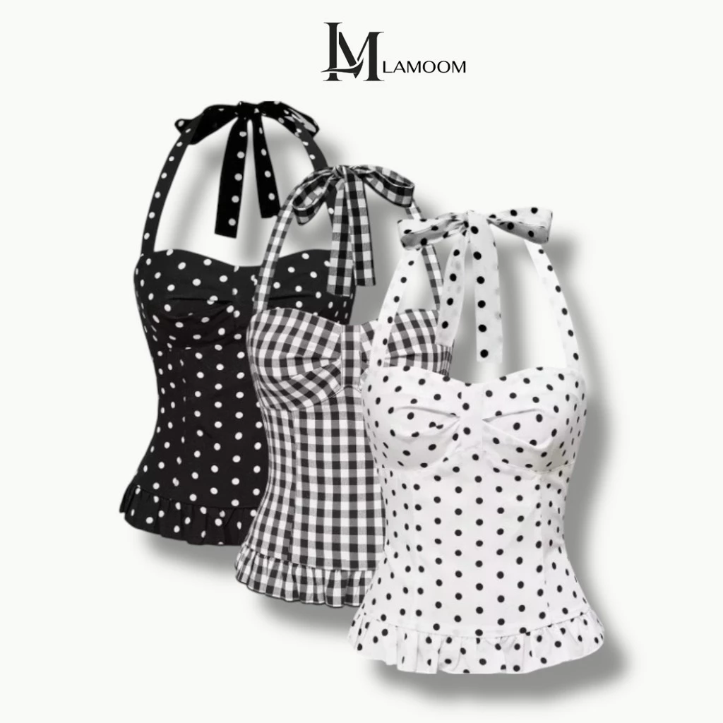 Lamoon【พร้อมส่ง】เสื้อฮอลเตอร์ผูกคอ ลายจุด/ลายตาราง ลุควินเทจสุดเก๋ #30572