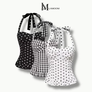 Lamoon【พร้อมส่ง】เสื้อฮอลเตอร์ผูกคอ ลายจุด/ลายตาราง ลุควินเทจสุดเก๋ #30572