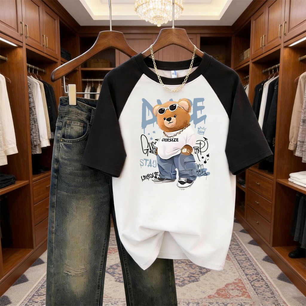 P-1305 เสื้อยืดแขนสั้น เสื้อทูโทนสุดเท่ ทรงปล่อยใส่ได้ทุกเพศ