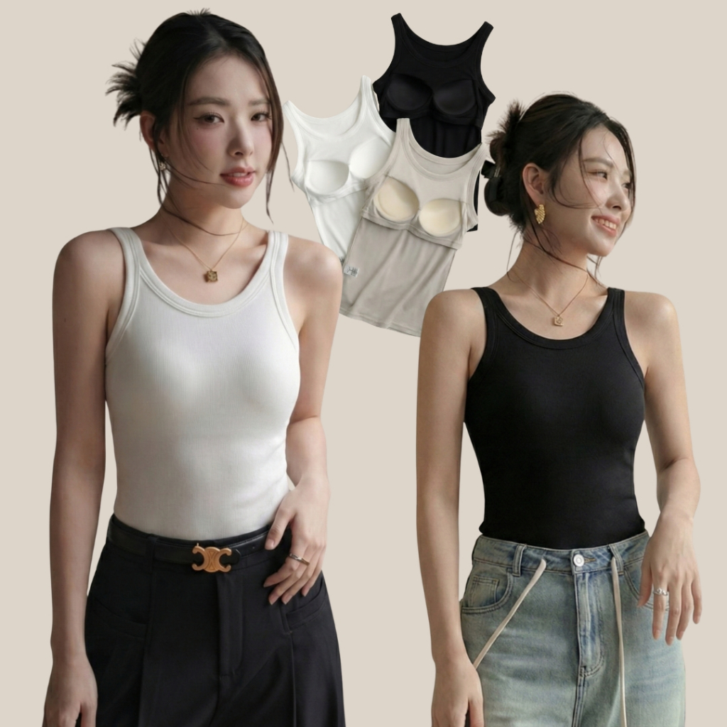 WsimpleBra | Charlotte Tank Top เสื้อกล้ามผู้หญิง คอกลม มีบราในตัว เลิกใส่ชุดชั้นในและซิลิโคลปิดจุก