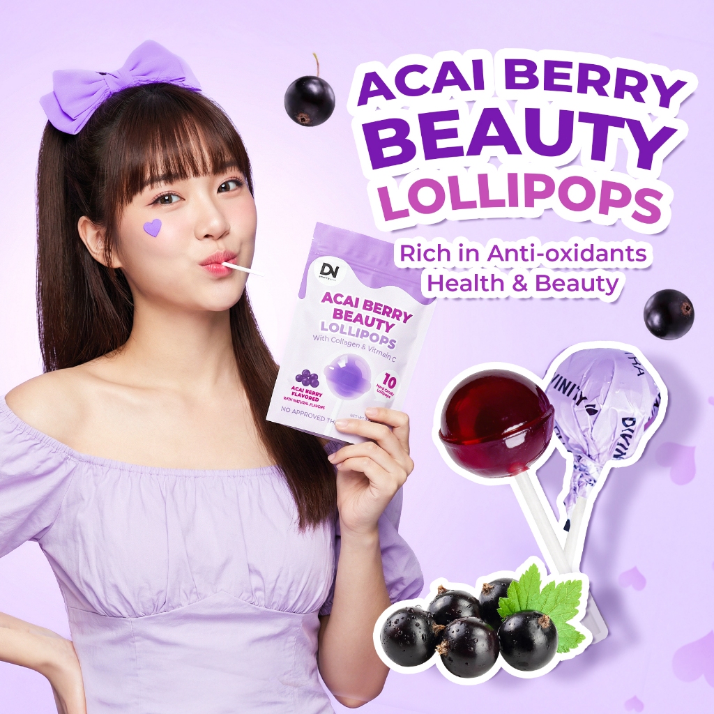 Divinity Nutra อมยิ้มรสผลไม้ Acai Berry Beauty Lollipops Collagen ลูกอมอาซาอิเบอร์รี่คอลลาเจน ไม่ได้