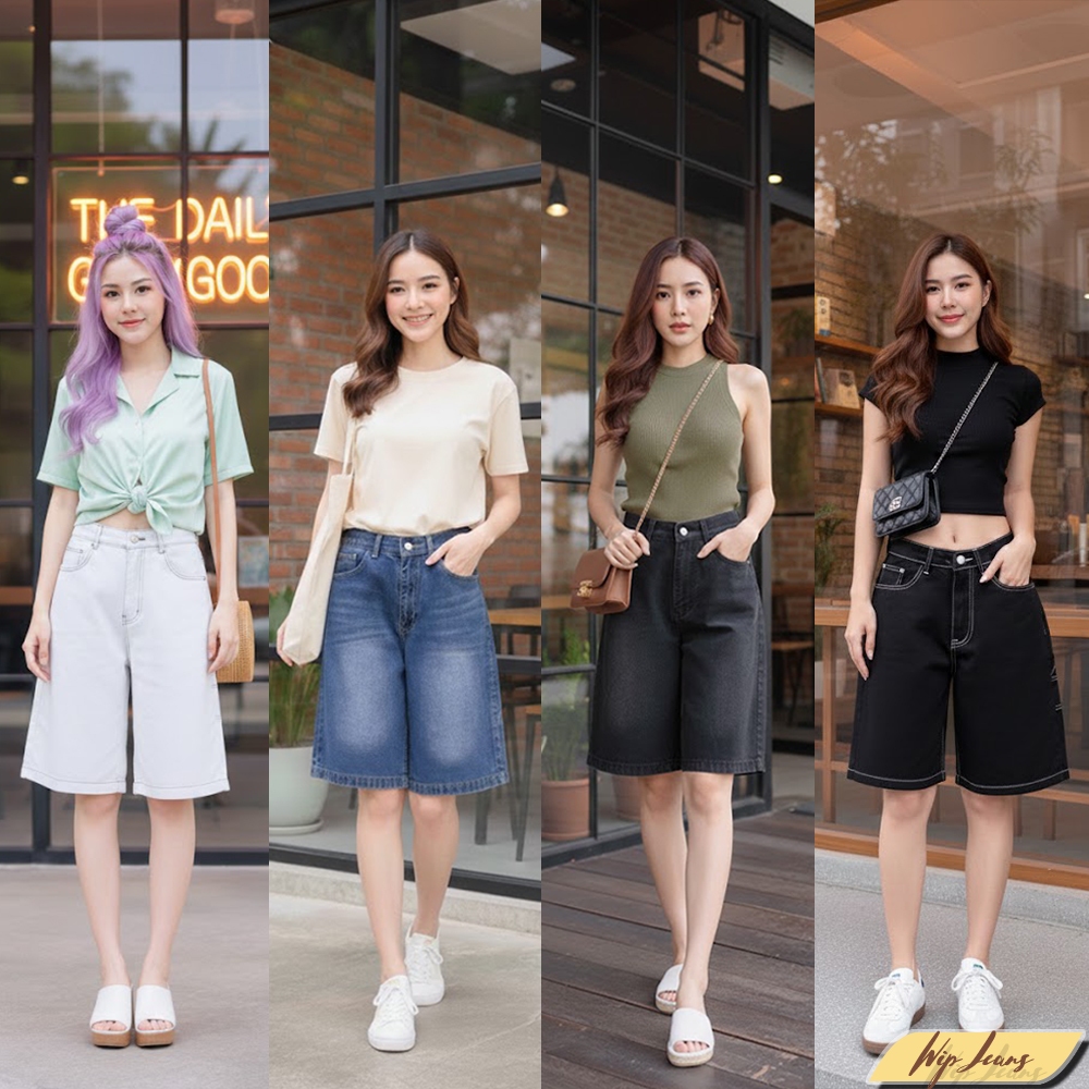 กางเกงยีนส์ขาสั้นทรงบอยยาวผ้าไม่ยืดเอวสูง ทรงสวยสไตล์เกาหลี แมทช์ง่าย ใส่สบาย มีให้เลือก 4 เฉดสีสุดชิค TK5