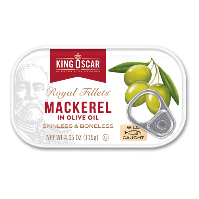 [Pre-order] King Oscar Mackerel in olive oil 115g King Oscar brand ปลาแมคเคอเรลในน้ำมันมะกอก ไม่มีหน