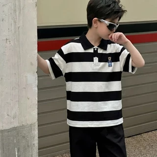 เสื้อโปโลผ้าฝ้ายแท้สำหรับเด็ก ลายหมีการ์ตูนปักลาย แขนสั้น สไตล์เกาหลี ใส่ได้หลายโอกาส เนื้อผ้านุ่มสบาย