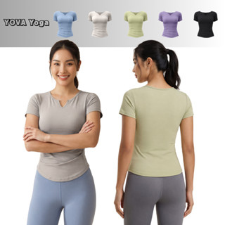 แขนสั้นผู้หญิง เสื้อยืดคอวีเรียบๆ เสื้อโยคะ แขนสั้นแบบนักกีฬ…