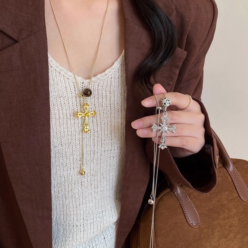 Silver Cross Pull Necklace - พร้อมส่ง สร้อยคอไม้กางเขน แบบรูดปรับความยาวได้