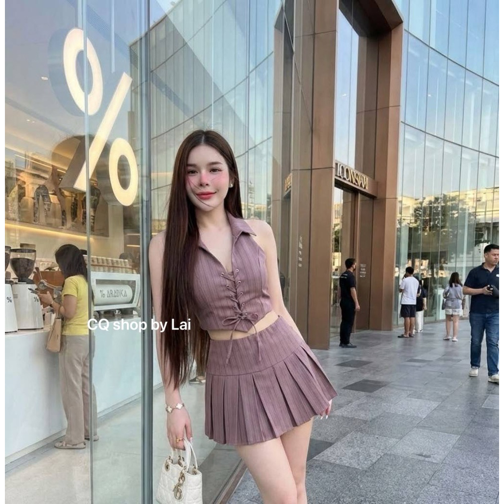 #Ontop Setคอปกคอตาไก่ มาพร้อมกระโปรงจีบซับในกางเกงผ้าลาย คัตติ้งเป๊ะ