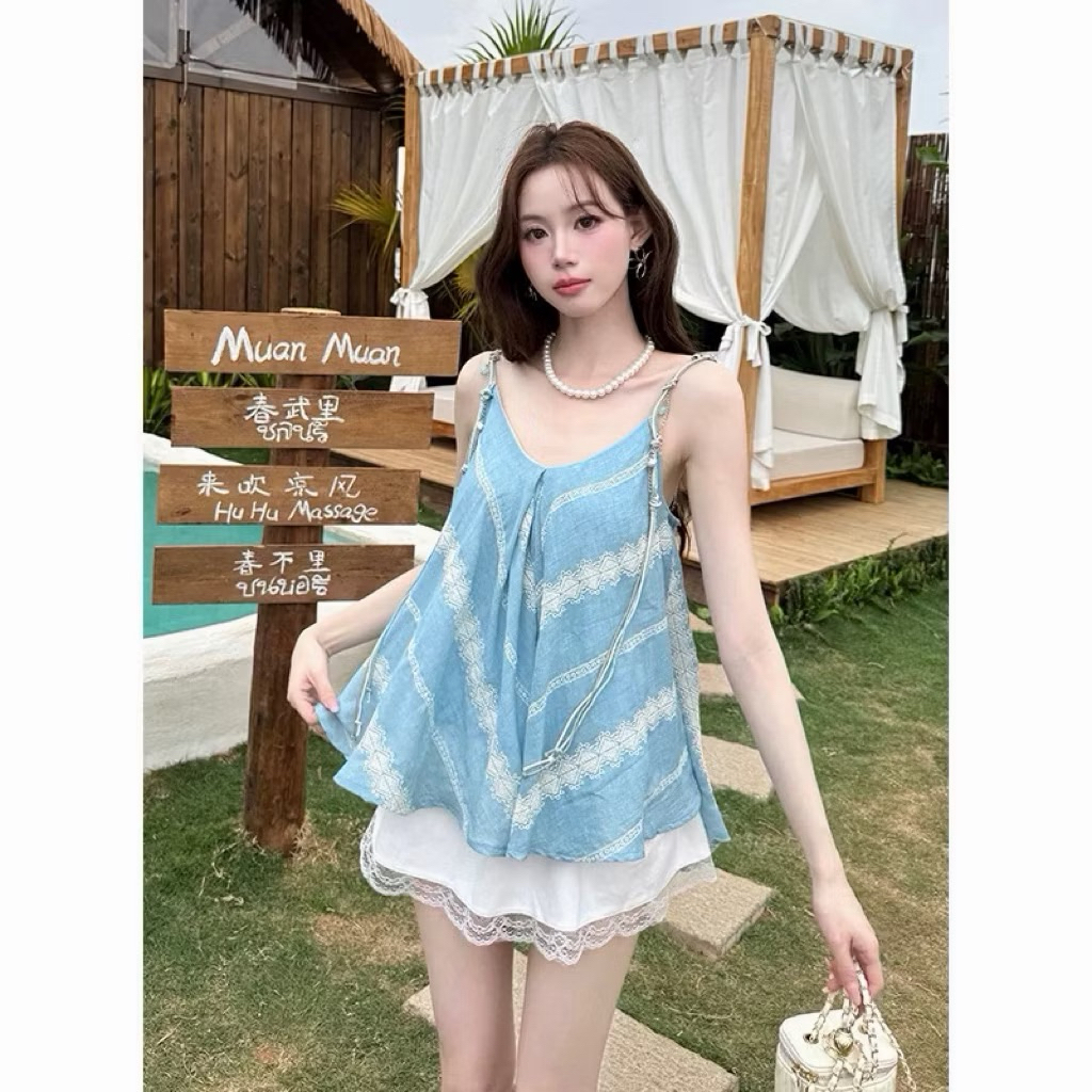 เสื้อสายเดี่ยว น่ารัก เซ็กซี่ ทรงหลวม ใส่สบาย🩵🩵🩵