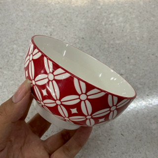 ถ้วยเซรามิก 4.25 นิ้ว ถ้วยน้ำจิ้ม ถ้วยลายดอกไม้ขาวแดง ทำจากเ…