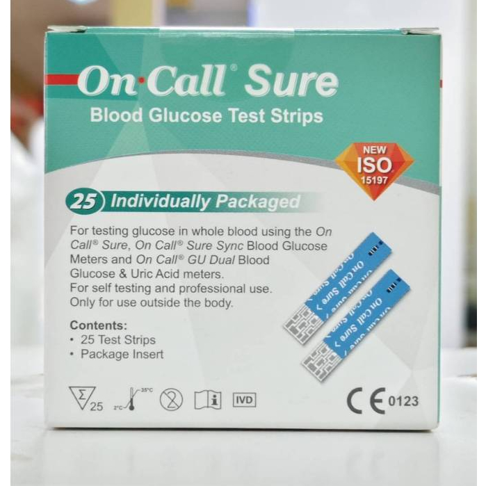 ON CALL Sure Blood Glucose Test แผ่นวัดระดับน้ำตาลในเลือด แผ่นวัดน้ำตาล On Call Sure  25 ชิ้น/กล่อง