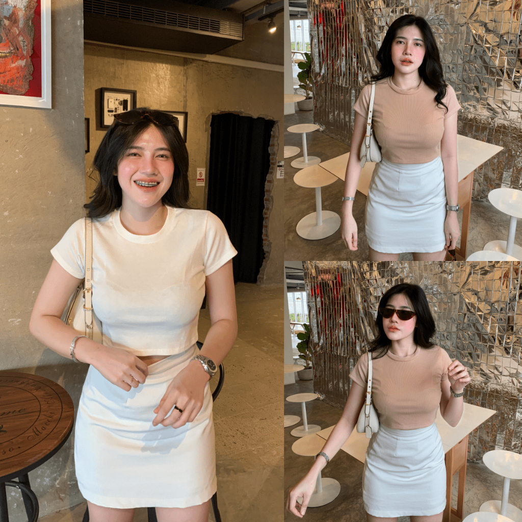🌈VibeHouse🌈เสื้อคอกลม ครอปแขนสั้น เสื้อครอป 🐰ใส่วันชิลๆ ใส่ง่าย ผ้ายืดใส่สบาย ผ้าร่องนิ่มม้าก รุ่น คอกลม45