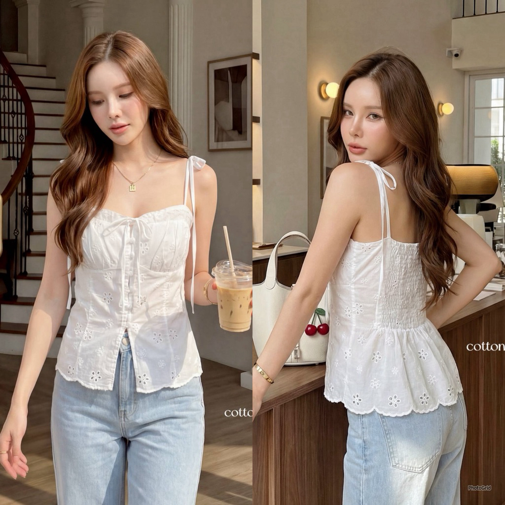 Downie korea top เสื้อสายเดี่ยวลูกไม้คุณหนูงานสวยน่ารักสุดๆ ละมุนมากๆ ดีเทลน่ารักมาก แมทลุคหวานได้หลายลุค