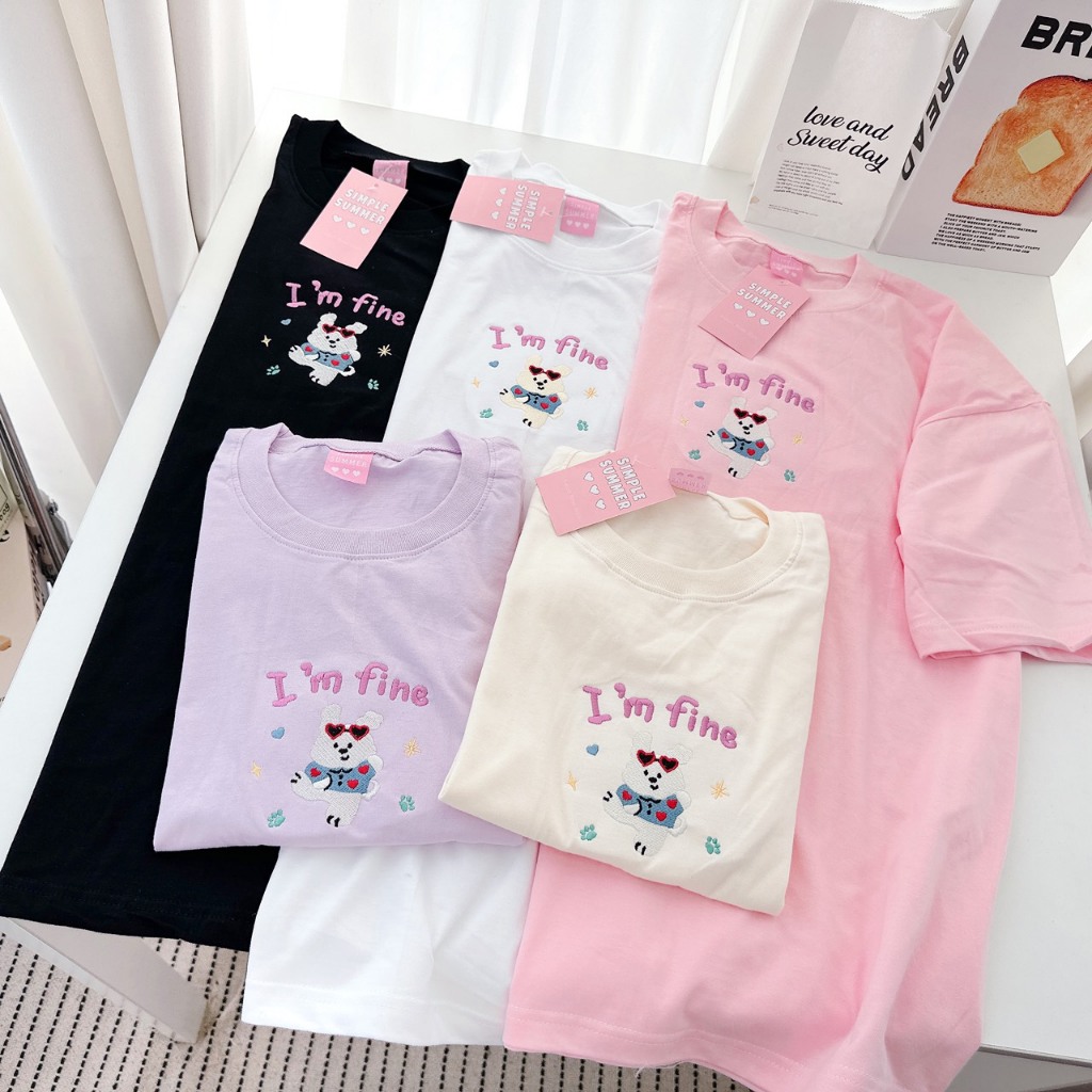 S391 เสื้อยืด oversize ผ้าคอตตอน ปัก หมาแว่น I'm fine