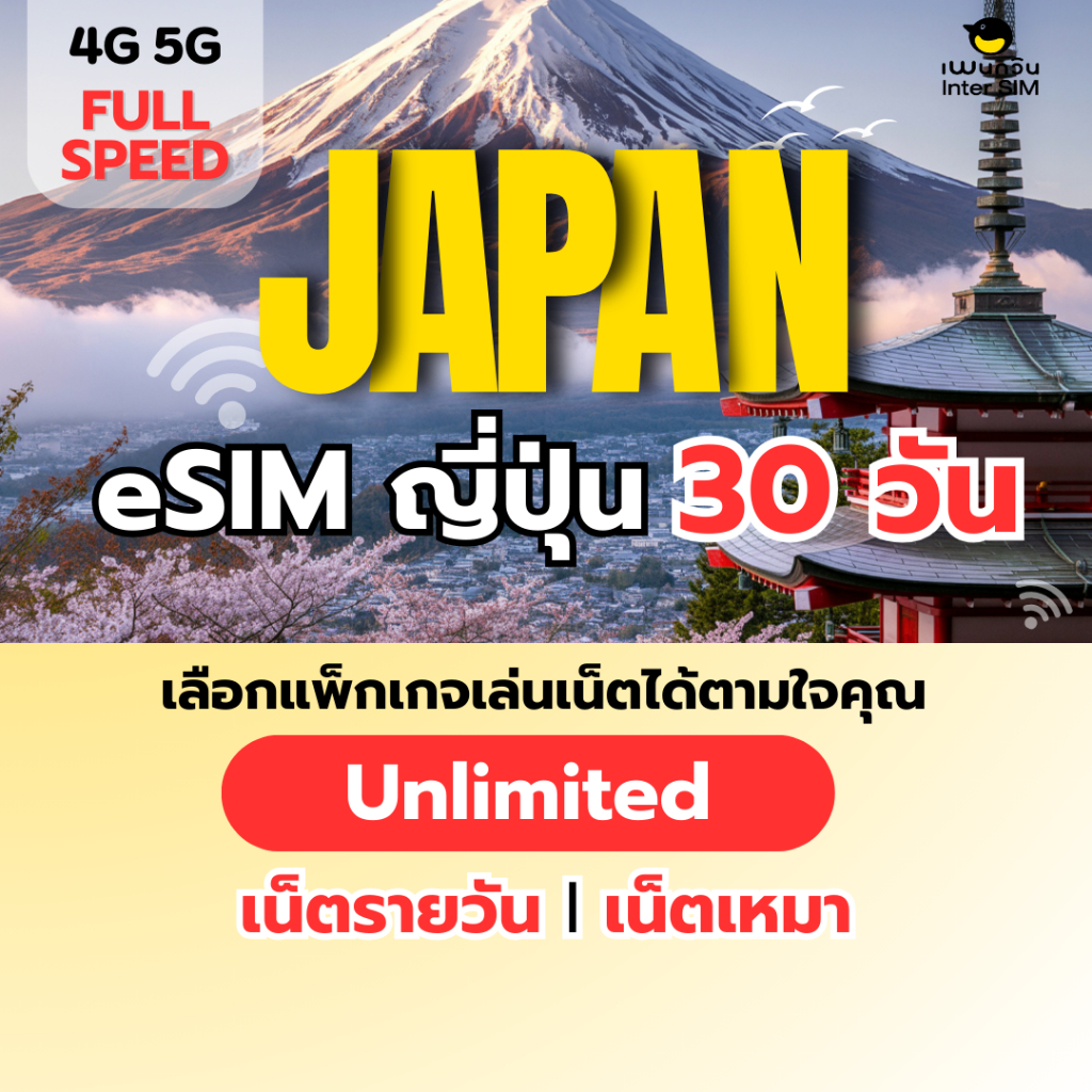 (ทักแชท ก่อนสั่งซื้อ) eSIM Japan 5G/4G อีซิม ญี่ปุ่น เน็ตไม่จำกัด เน็ตรายวัน เน็ตเหมา เลือกได้ 30 วั