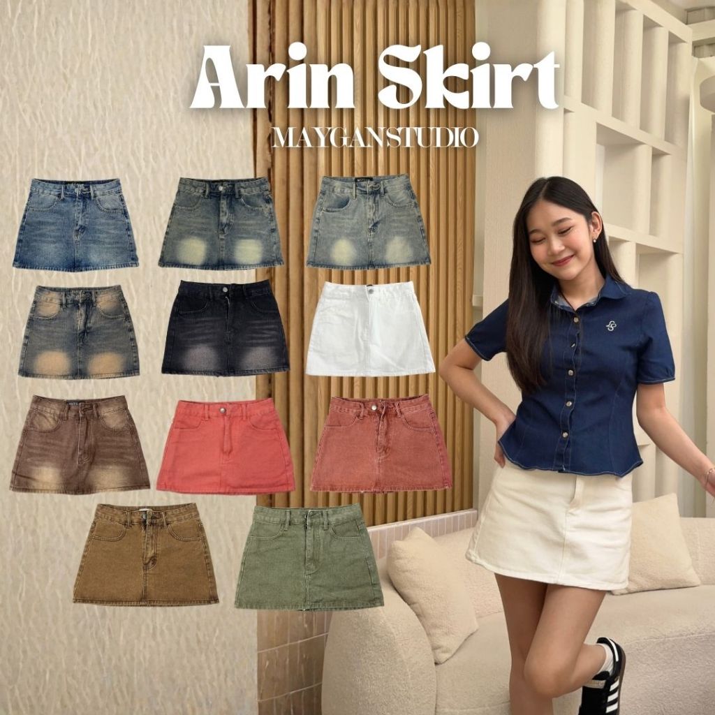 MAYGAN studio กระโปรงยีนส์สั้น เมแกน Arin Skirt ทรงเอ เอวสูง