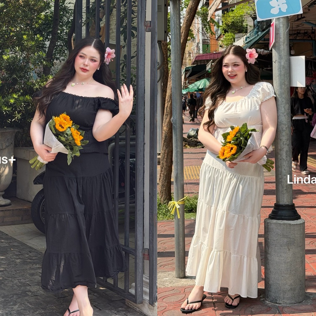 (LD) เซ็ต เสื้อแขนตุ๊กตาผ่าหน้า+กระโปรงยาวทรงระบาย สวยงาม ฟีลเจ้าหญิงมาก เสื้อผ้าสาวอวบอ้วน ไซส์ใหญ่