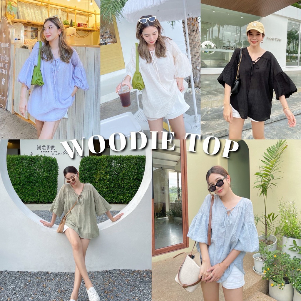 WOODIE TOP เสื้อตัวยาวแขนบอลลูน โอเวอร์ไซส์ ผ้าฝ้ายผสมเนื้อบางเบา