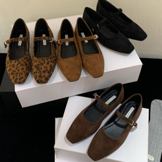 รองเท้าแมรี่เจนหัวเหลี่ยมสไตล์เกาหลี รองเท้าส้นแบนหนังกลับแบ…