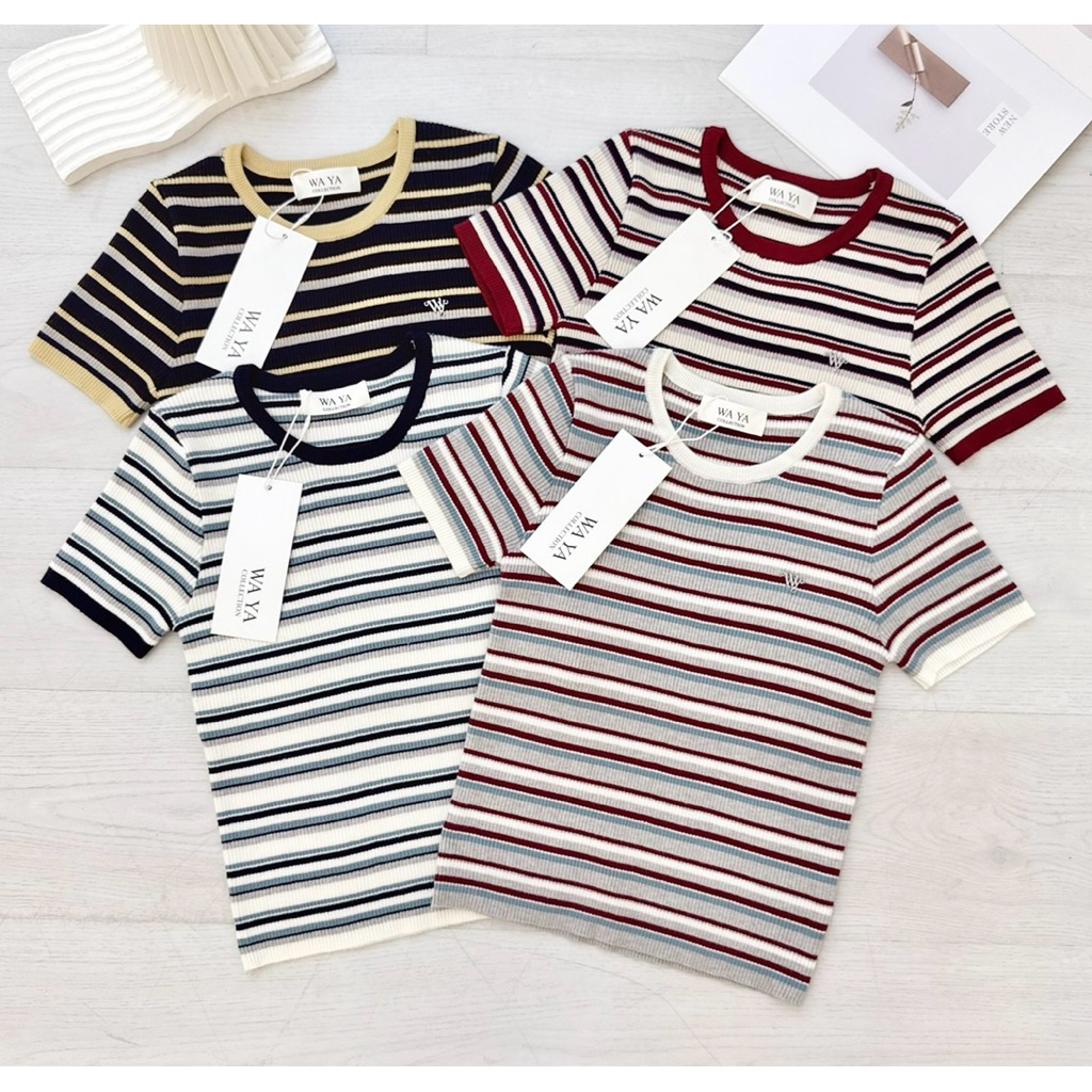 Waya - เสื้อไหมพรมคอกลมลายทางริ้ว ผ้านุ่ม⭐️