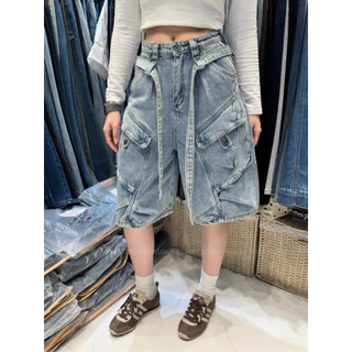 📍พร้อมส่ง📍🇰🇷FSY🇰🇷62005 Martin baggy shorts กางเกงเอวสูงทรงห้าส่วน ปิดเข่า แต่งกระเป๋าคาร์โก้ เนื้อผ้ายีนส์ฟอกสีเฟด