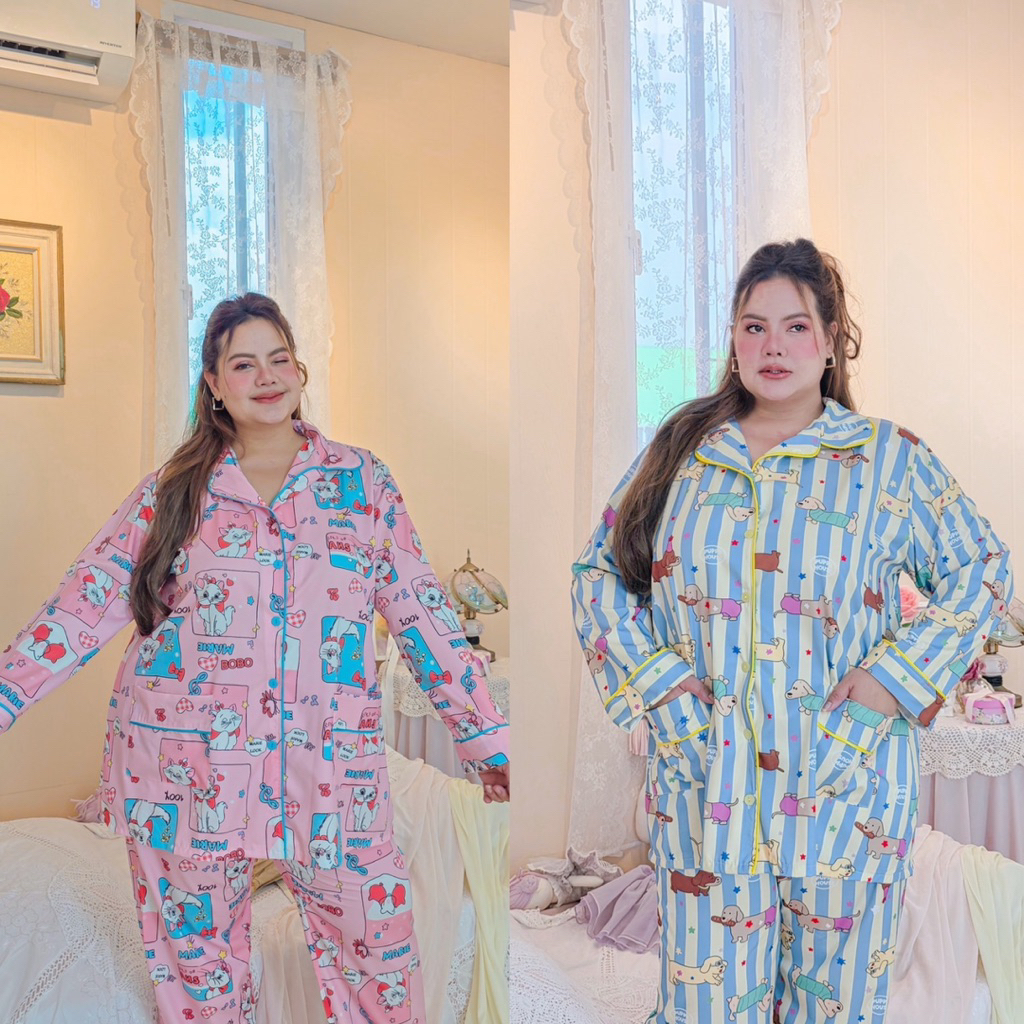 Dog & Cat Sweet Dream ชุดนอน เสื้อแขนยาว+กางเกงขายาวใช้ไหมอิตาลีพิมพ์ลายดิจิตอล อก 40-60+