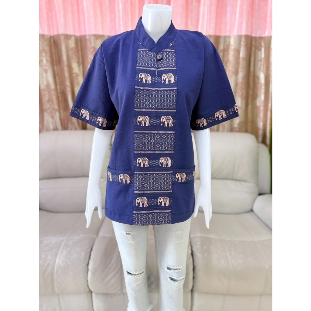 เสื้อคอจีนลายช้างผ้าฝ้ายผ้าพื้นเมืองบิ๊กไซส์