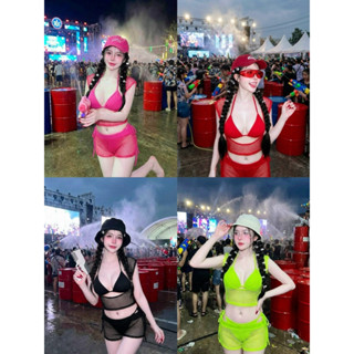 พร้อมส่งจากไทย❤️เซต4ชิ้นจุกๆ เสื้อตาข่าย+บรา+บีกินนี่+กางเกง…