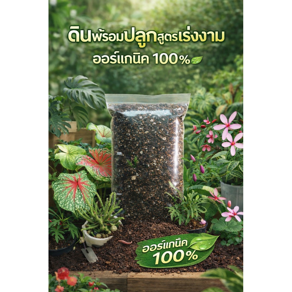ดินพร้อมปลูกออร์แกนิค สูตรเร่งงาม พร้อมใช้ทันที ไม่ต้องผสม โตไว ใบเขียวสวย
