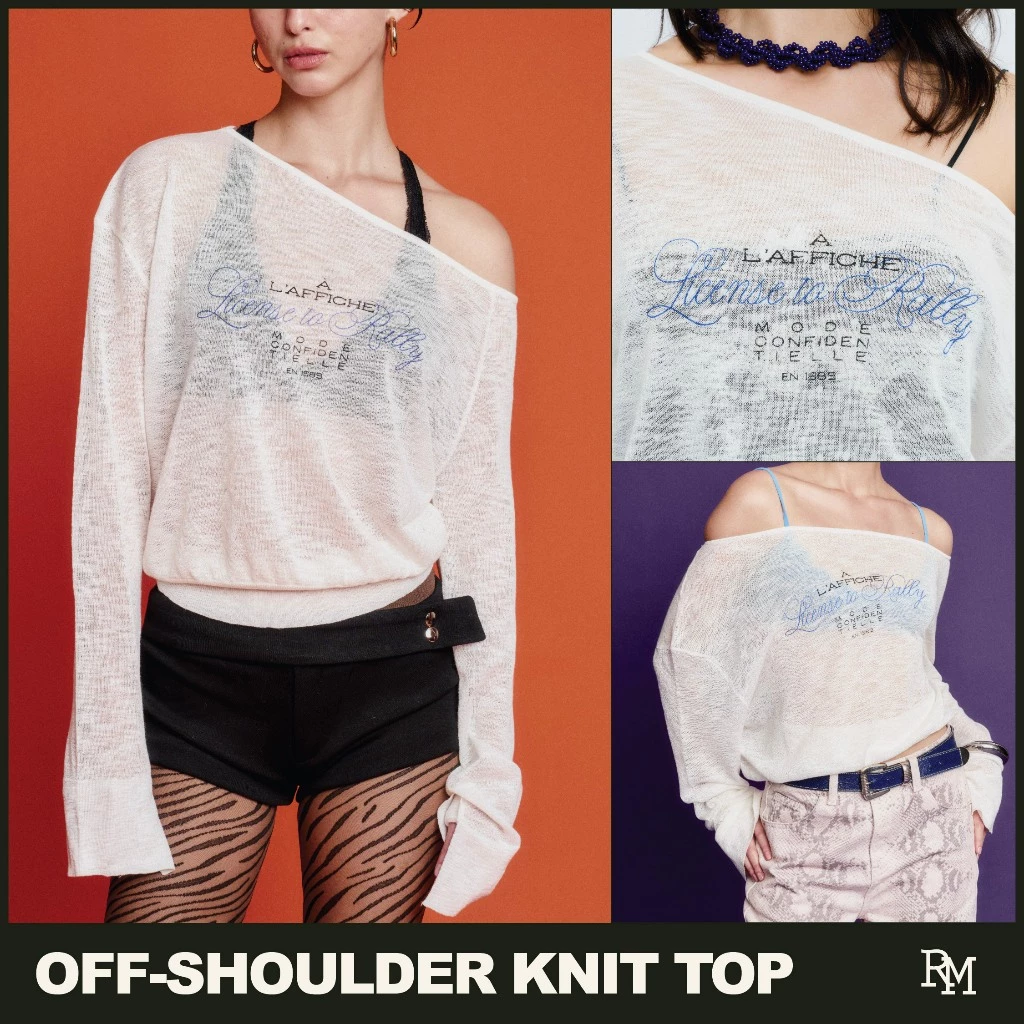 Rally Off-shoulder Knit Top - เสื้อไหมพรมปาดไหล่พิมพ์ลาย