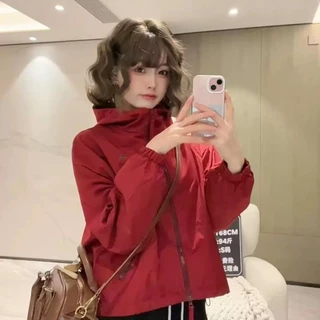 เสื้อแจ็ค เก็ตแขนยาว กันลม มีซิป มีฮู้ด เนื้อผ้าบาง แบบสั้น สไตส์เกาหลี ใหม่