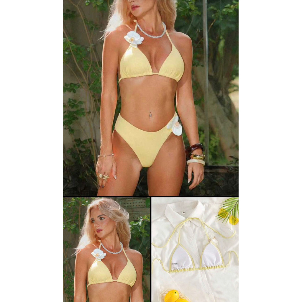 Bikini เสื้อบิกินี่ ท่อนบนเท่านั้น เชือกผูกคล้องคอสีเหลืองอ่อน ประดับดอกไม้ 3 มิติ สาวอวบพลัสไซส์ XL