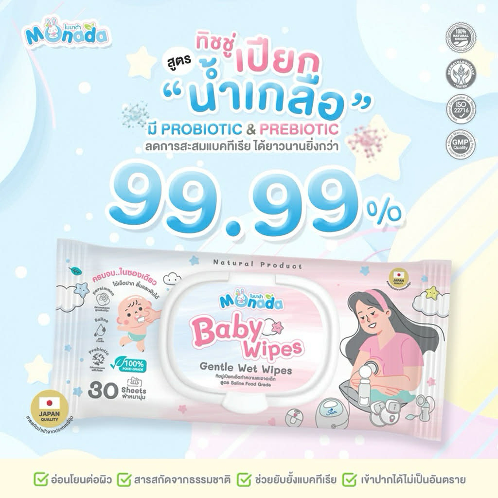 MONADA ทิชชูเปียกสำหรับเช็ดกรวยปั๊มนม อุปกรณ์ปั๊มนมยังยั้งแบคทีเรียได้ยาวนานกว่า สะอาด บริสุทธิ์ เช็คก้นทารก เช็ดลิ้นฟัน