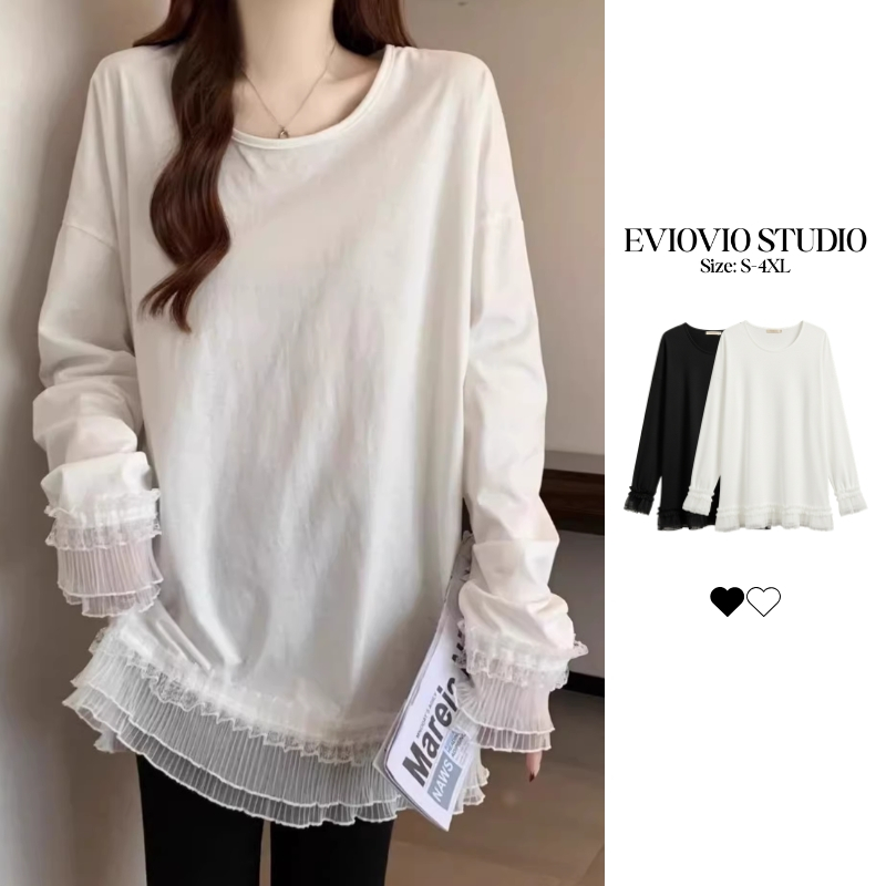 【EVIOVIO】เสื้อแขนยาวเกาหลี เสื้อยืด Oversize แต่งระบายลูกไม้ปลายแขนและชายเสื้อ สไตล์หรูดูแพง ผ้าเนื้อนุ่ม ใส่สบายไม่ร้อน