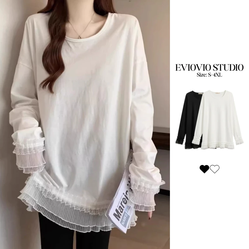 【EVIOVIO】เสื้อแขนยาวเกาหลี เสื้อยืด Oversize แต่งระบายลูกไม้ปลายแขนและชายเสื้อ สไตล์หรูดูแพง ผ้าเนื้อนุ่ม ใส่สบายไม่ร้อน