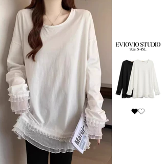 【EVIOVIO】เสื้อแขนยาวเกาหลี เสื้อยืด Oversize แต่งระบายลูกไม้ปลายแขนและชายเสื้อ สไตล์หรูดูแพง ผ้าเนื้อนุ่ม ใส่สบายไม่ร้อน