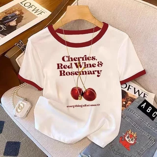 เสื้อยืดคอกลม Cherry สีขาวลายเชอร์รี่ สไตล์วินเทจ สวมใส่สบายๆ สำหรับผู้หญิง | White Cherry Print T-shirt Retro Style Com