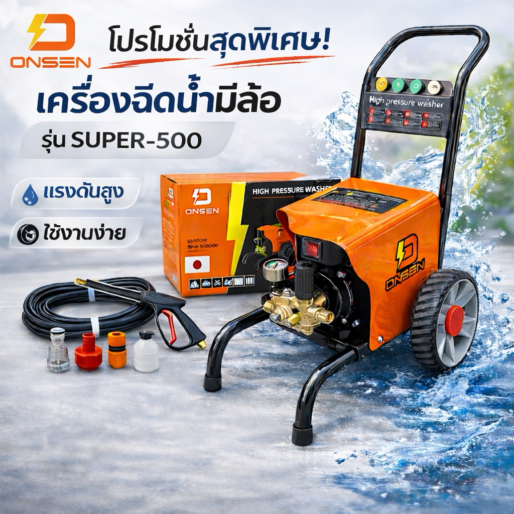 เครื่องฉีดน้ำแรงดันสูงมีล้อ ยี่ห้อ ONSEN รุ่น SUPER-500 (โคลงใหญ่ รุ่นTop ปรับแรงดันเบา-แรงได้)