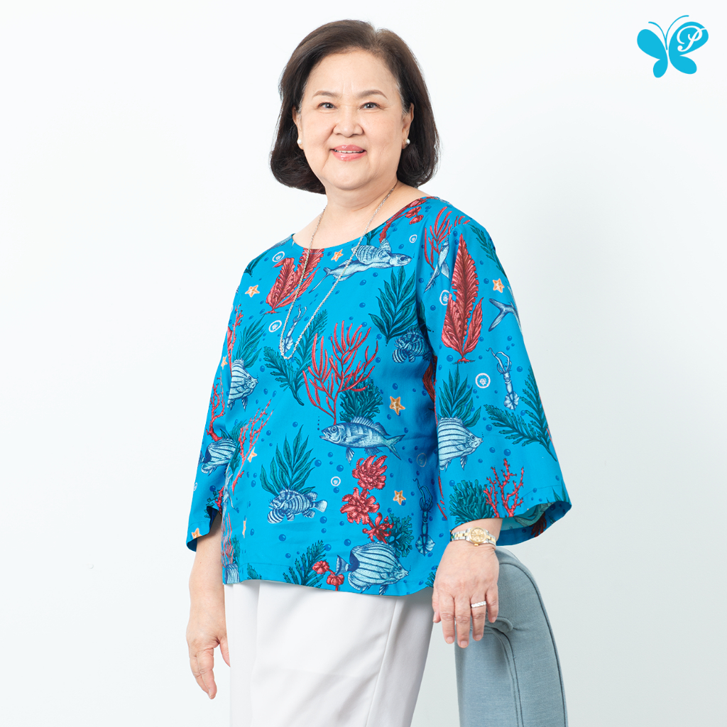 เสื้อผู้หญิงทรงหลวม [Papillon] Women Oversized Iris Top ผ้าCotton Rayon Twill เนื้อนุ่ม พิมพ์ลายปลาและทะเล(Les Poissons)