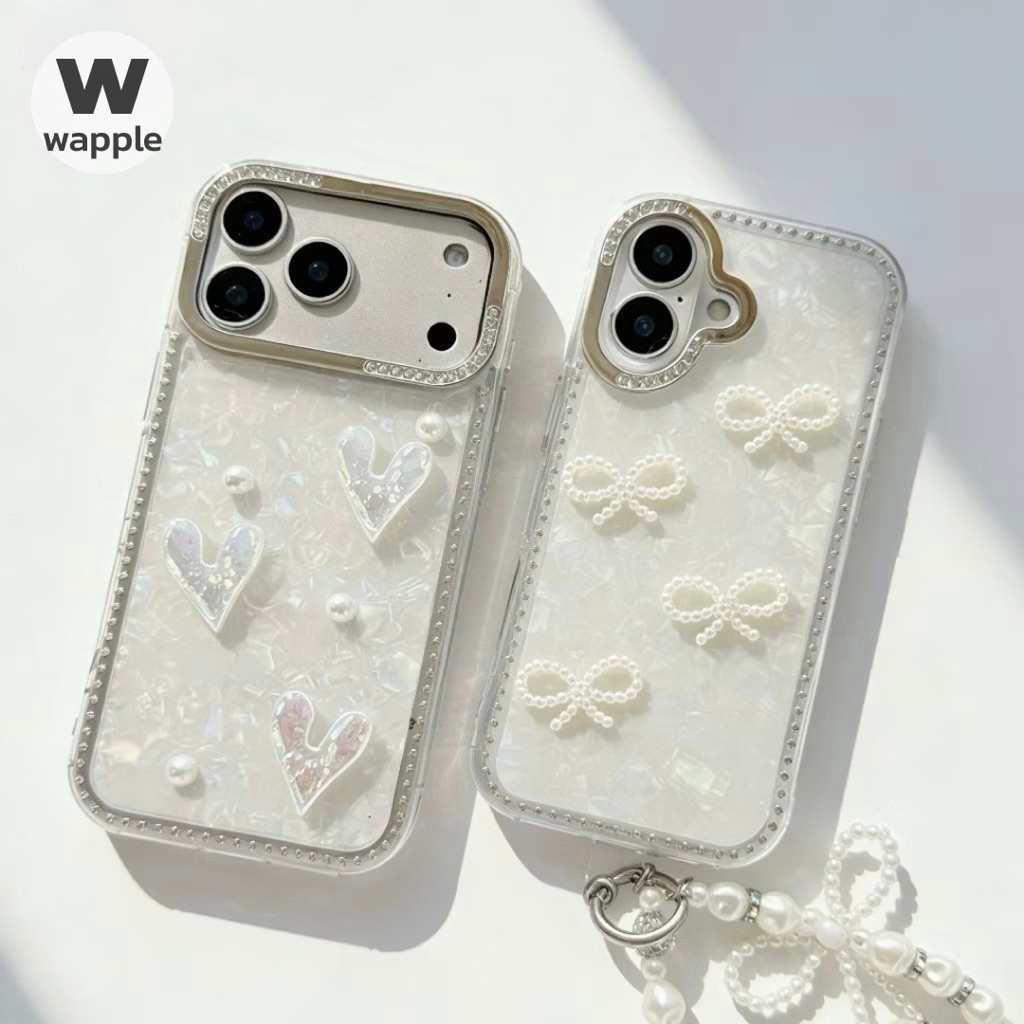 wapple-case horogram มุกติดขอบเพชร กล้องเงิน ขอบนิ่มหลังแข็ง สำหรับiPhone11 12 13 -17 17Pro 17ProMax