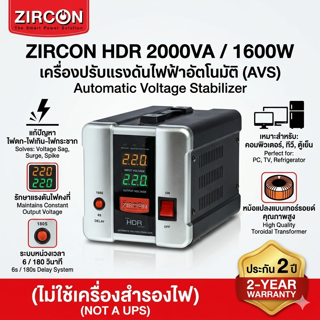 ZIRCON เครื่องปรับแรงดันไฟฟ้าอัตโนมัติ Automatic Voltage Stabilizer (AVS) รุ่น HDR 2000VA/1600W ราคา ถูกที่สุด ดีลบีเคเค