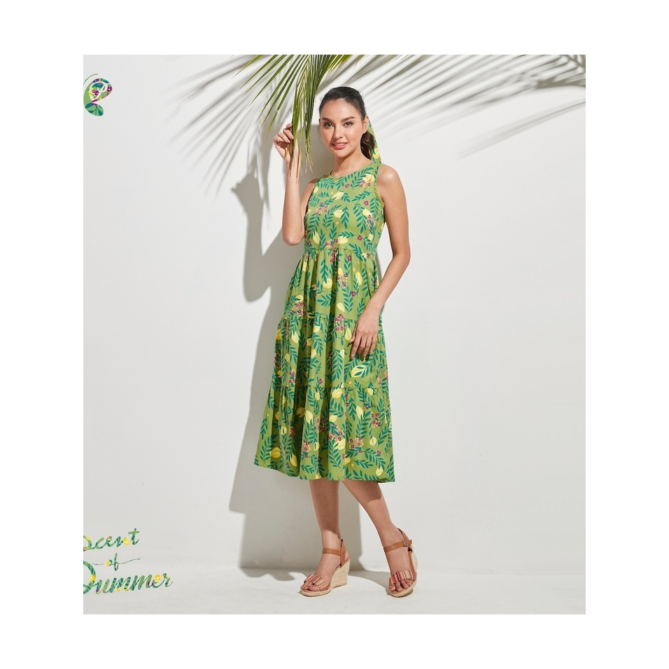 เดรสผู้หญฺง [Papillon] Women Summer Midi Dress - Star Fruit ผ้า Cotton Rayon Twill พิมพ์ลายมะเฟือง