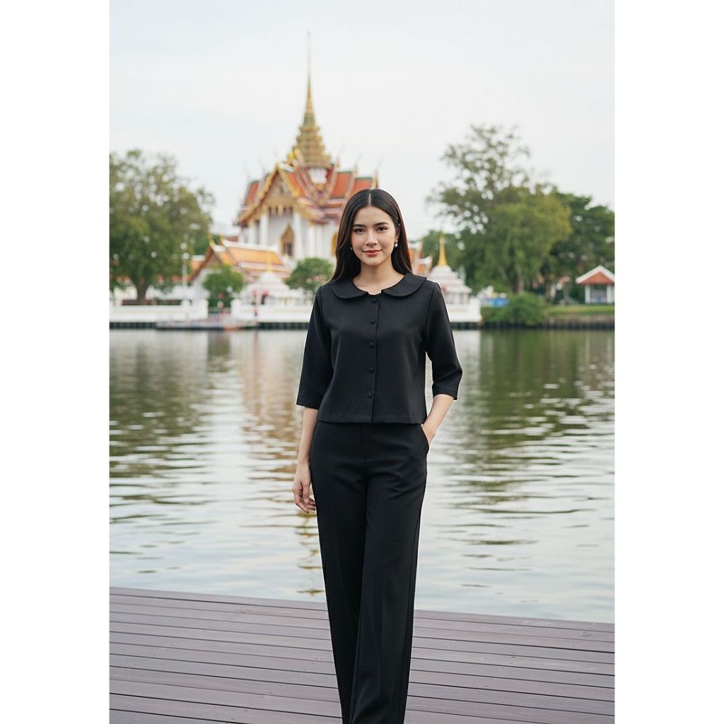 เสื้อผ้าฝ้ายอัดกาว คอบัว สีดำ เสื้อใส่ทำงานพร้อมส่ง