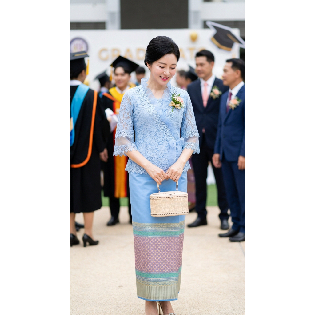 ชุดลูกไม้ออกงานเสื้อคอตั้งระบายโบว์#1+ผ้าถุง