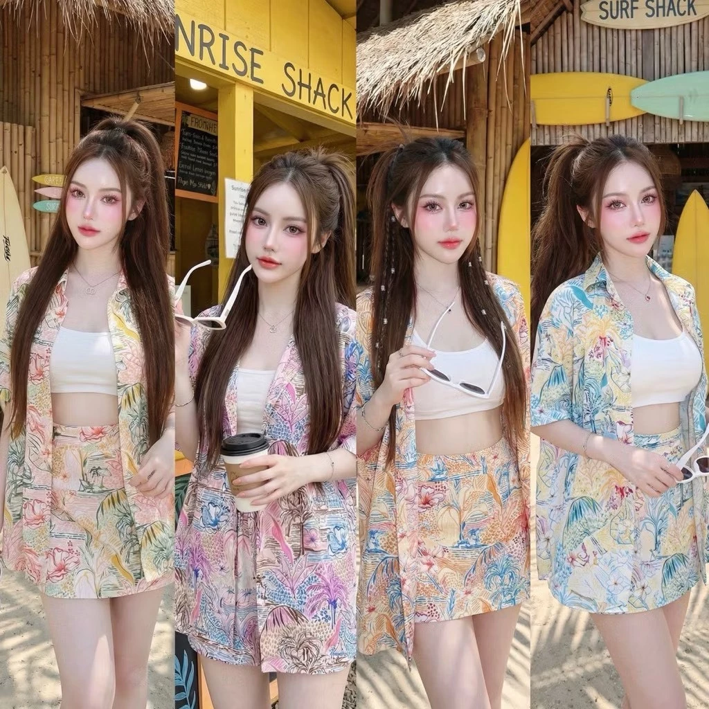 SGH0274 เซ็ตซัมเมอร์ เสื้อคลุมลายดอก + เสื้อใน + กระโปรง ใส่เที่ยวทะเล
