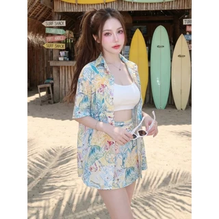 SGH0274 เซ็ตซัมเมอร์ เสื้อคลุมลายดอก + เสื้อใน + กระโปรง ใส่เที่ยวทะเล