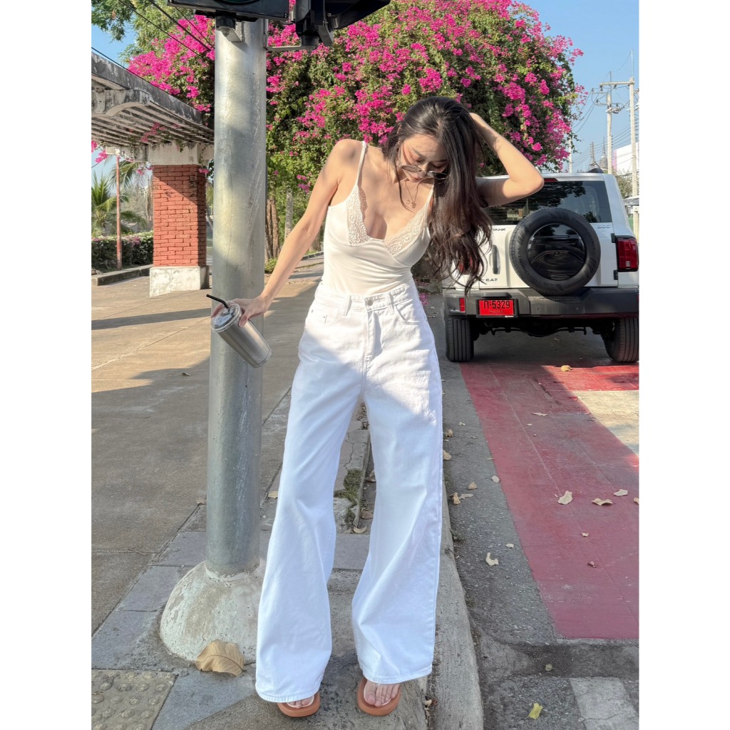 ิิBaggy ยีนส์ ขากระบอกใหญ่ สีขาว ราคาถูก Shopee Lazada