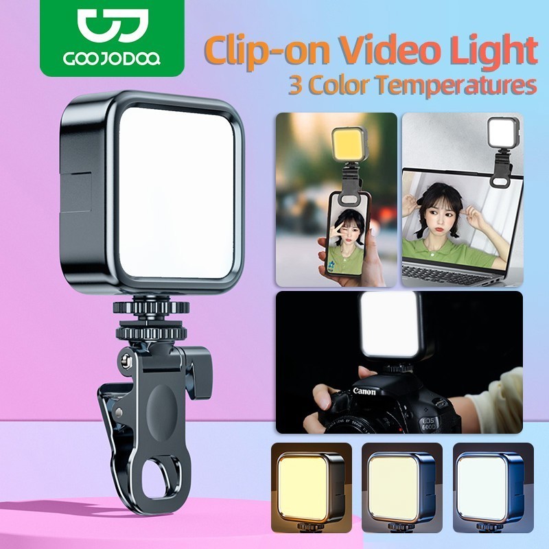 GOOJODOQ ไฟดาราพกพา ไฟวิดีโอ LED 2000mah แบบชาร์จไฟ ไฟปรับได้ 3 สี ได้ 3000K-6000K ไฟหนีบมือถือ